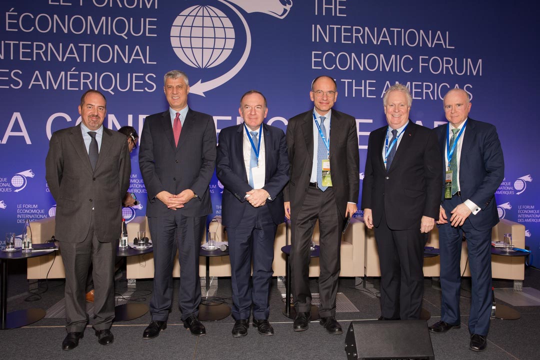 The International Economic Forum of the Americas. The Conference of Paris in the OECD in Paris. Hashim Thaci, Pierre Gattaz, Enrico Letta, Jean Charest, James McCormack